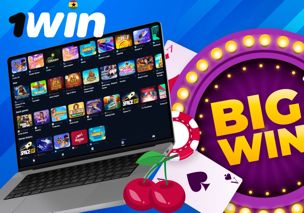 Review of the slots section at 1Win Casino with more games in Ghana